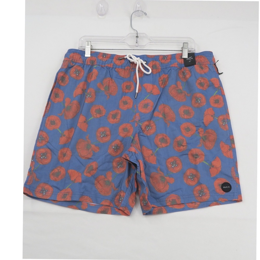 RVCA Mens Poppy Floral Boardshorts Blue Red 17 Inch Short Length Swim Trunks L